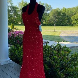Red Beaded Halter neck Full Length Formal Gown